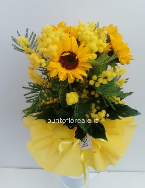 Bouquet new con girasoli e mimosa